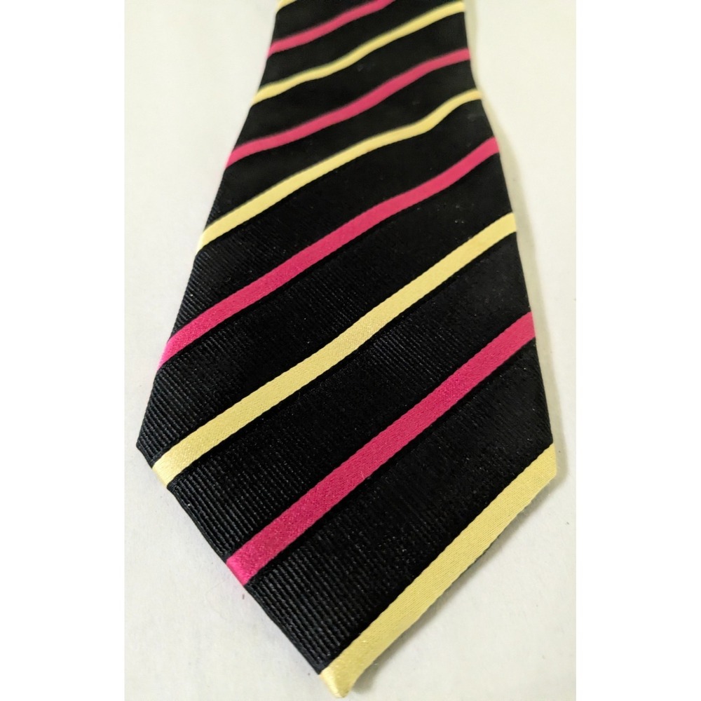 Astor & Black Black Tie w/ Pink & Yellow Stripes 100% Silk Mens Hand Made 59x3.5
